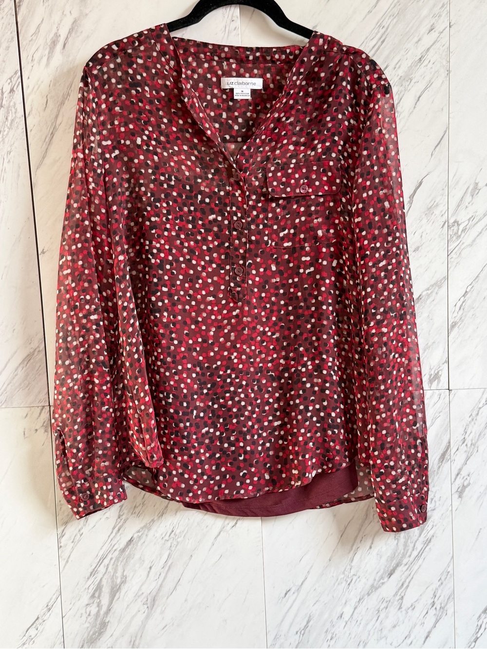 Liz Claiborne Multi Polka Dot V-Neck Sheer Henly Blouse Medium M